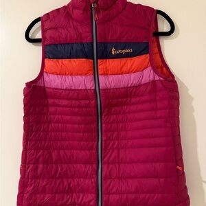 Cotopaxi Magenta Quilted Women’s Vest with indigo, Orange and Pink Stripes